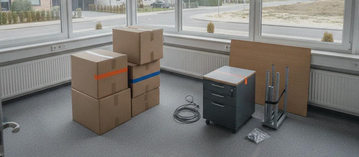 Nummerierte Umzugskisten und ein zerlegter Schreibtisch stehen in einem leeren Büroraum mit Fensterfront, davor ein Rollcontainer mit Etikett