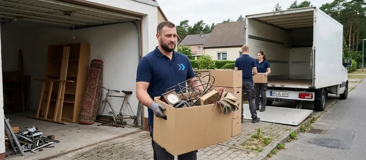 Eine Umzugskraft trägt sortierte Kisten und Regalbretter aus einer offenen Garage zu einem Wagen mit heruntergelassener Ladebordwand