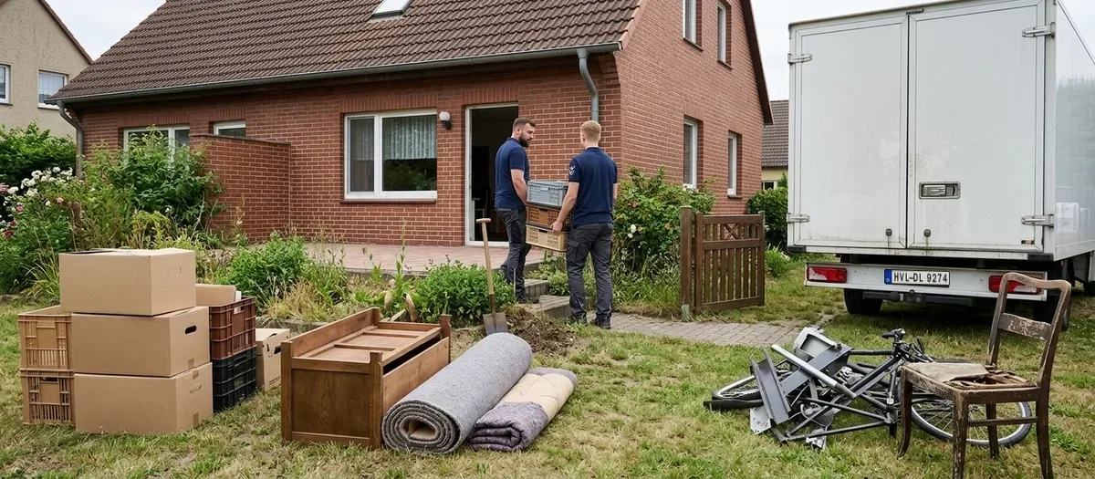 Zwei Umzugskräfte tragen sortierten Hausrat und beschriftete Kisten aus dem Vorgarten eines freistehenden Einfamilienhauses zu einem offenen Wagen