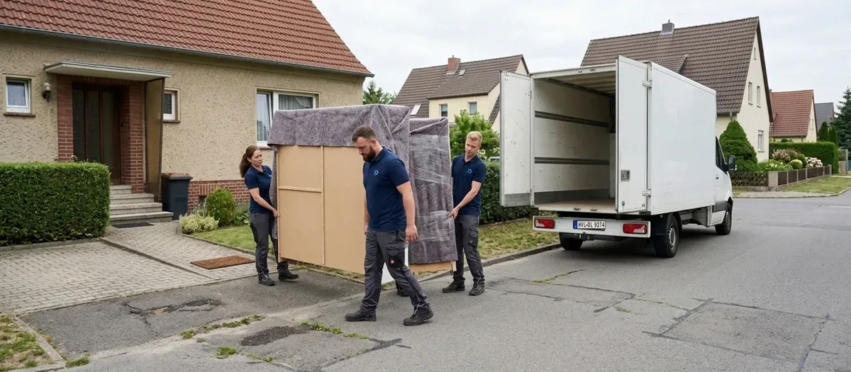 Zwei Umzugskräfte tragen einen zerlegten Kleiderschrank aus der offenen Haustür eines freistehenden Einfamilienhauses zum Umzugswagen am Stellplatz