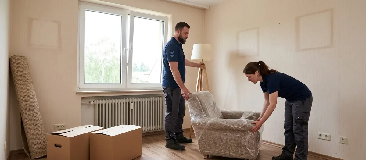 Eine Umzugskraft stellt einen Sessel und eine Stehlampe in einem hellen, fast leeren Wohnzimmer auf, daneben stehen zwei beschriftete Kartons