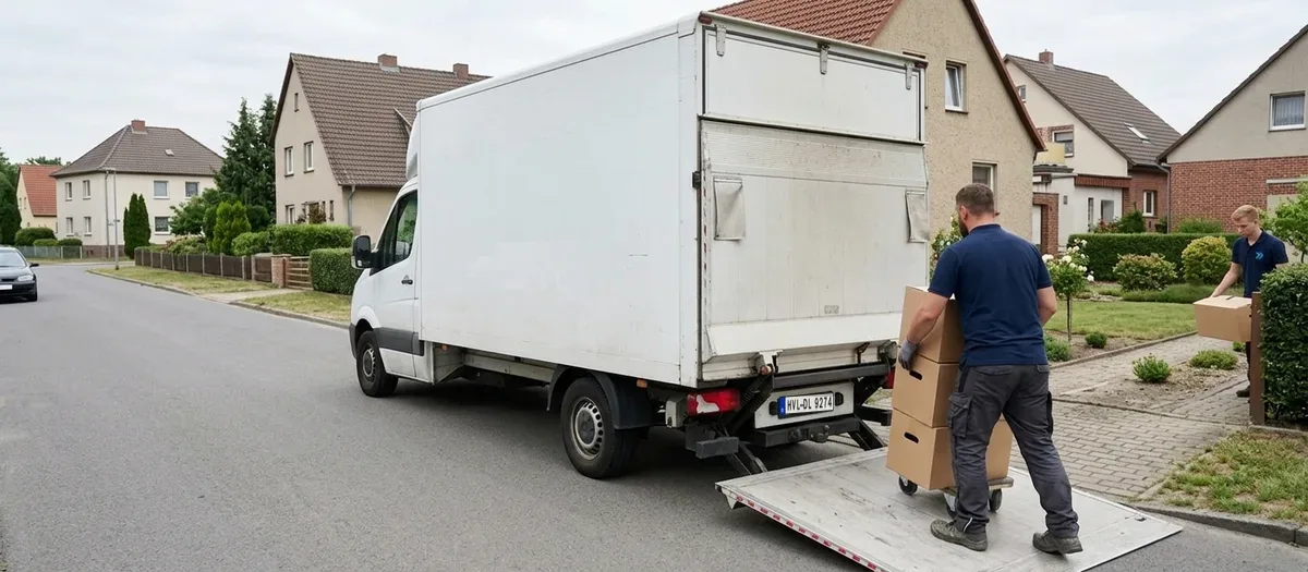 Geöffneter Umzugswagen mit ausgefahrener Ladebordwand vor einer Doppelhaushälfte, eine Umzugskraft schiebt eine Sackkarre mit gestapelten Kartons