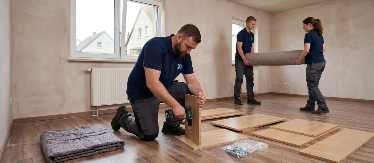 Umzugskraft schraubt in einem leeren Schlafzimmer den Seitenteil eines Kleiderschranks fest, daneben liegen sortierte Bretter und ein beschrifteter Beutel
