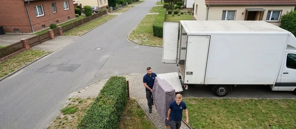 Umzugswagen steht auf einer breiten Anliegerstraße vor einer Doppelhaushälfte, zwei Kräfte tragen ein Sofa über den Vorgartenweg