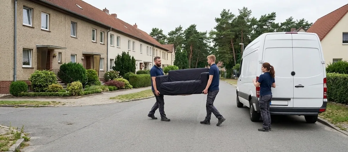 Zwei Umzugskräfte tragen ein eingepacktes Sofa über eine breite asphaltierte Anliegerstraße zu einem Umzugswagen, im Hintergrund eine Reihenhauszeile