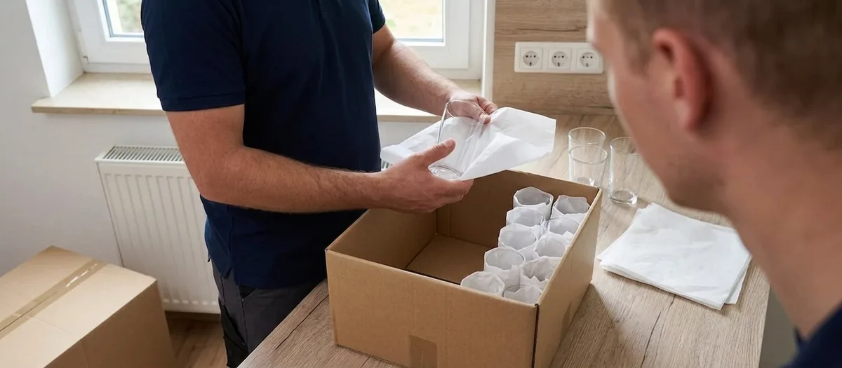Umzugskraft wickelt Gläser in Seidenpapier und stellt sie aufrecht in einen beschrifteten Karton, daneben stehen weitere verschlossene Kisten