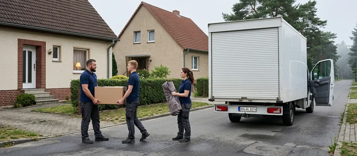 Umzugswagen mit geschlossenen Türen steht am frühen Morgen vor einem Reihenhaus, eine Kraft trägt die letzte beschriftete Kiste hinein