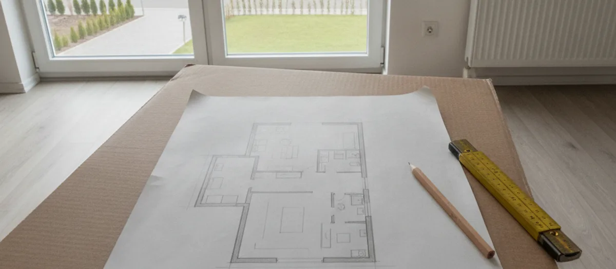 Ein ausgedruckter Wohnungsgrundriss mit handschriftlich eingezeichneten Möbeln und nummerierten Räumen liegt auf einem Stapel beschrifteter Kisten