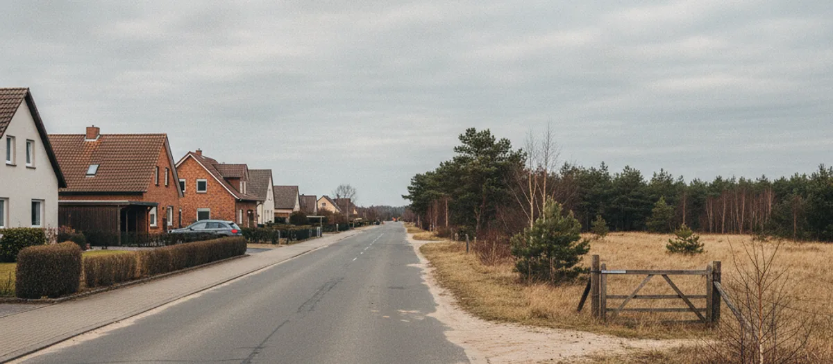 Breite asphaltierte Anliegerstraße mit Einfamilienhäusern und Vorgärten, im Hintergrund offene Heidelandschaft