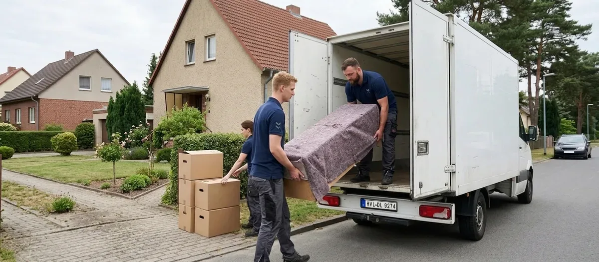 Drei Umzugshelfer reichen beschriftete Kartons über eine Ladebordwand in einen Umzugswagen, der auf einer breiten asphaltierten Anliegerstraße steht