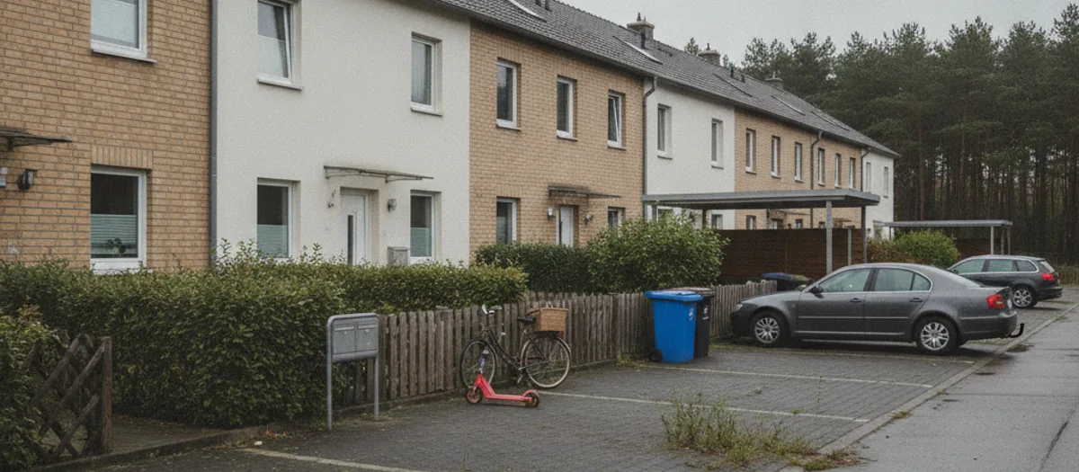 Reihenhauszeile mit Vorgärten und Stellplätzen an einer verkehrsberuhigten Straße, dahinter offene Kiefernheide