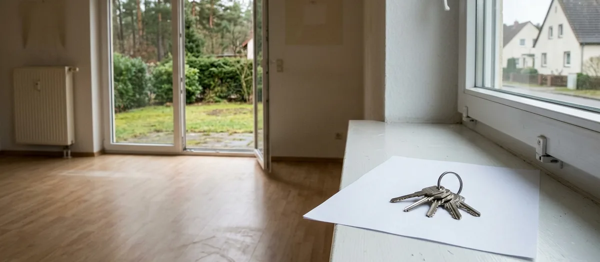 Leergeräumtes Wohnzimmer mit gefegtem Boden, offener Terrassentür und einem Schlüsselbund samt Übergabeprotokoll auf der Fensterbank